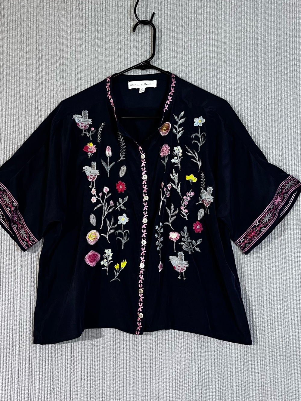Embroidered Chelsea & Theodore Boho Top Navy Blue Womens Petite Small